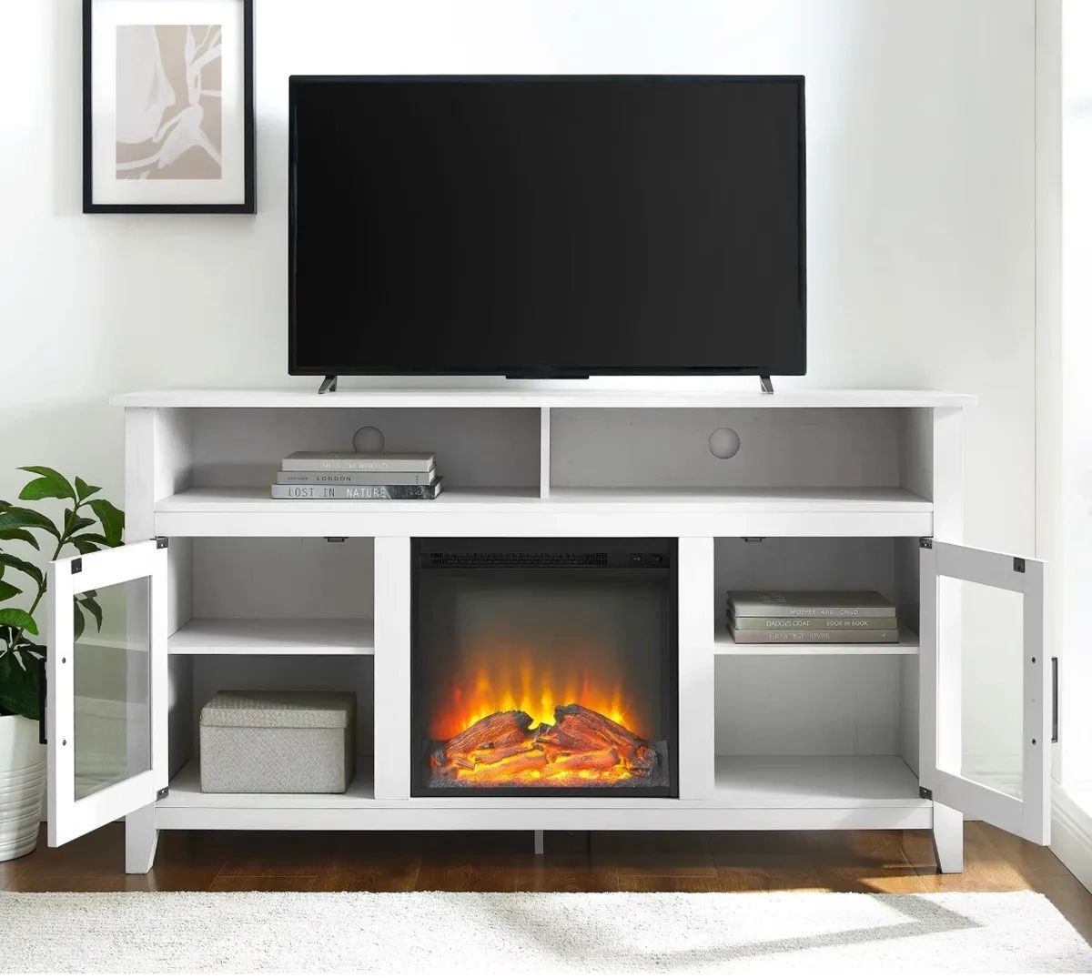 Woven Paths Highboy 2 Door Electric Fireplace Tv Stand For Tvs Up To 65",  Brushe | Ebay In Wood Highboy Fireplace Tv Stands (Photo 8 of 15)