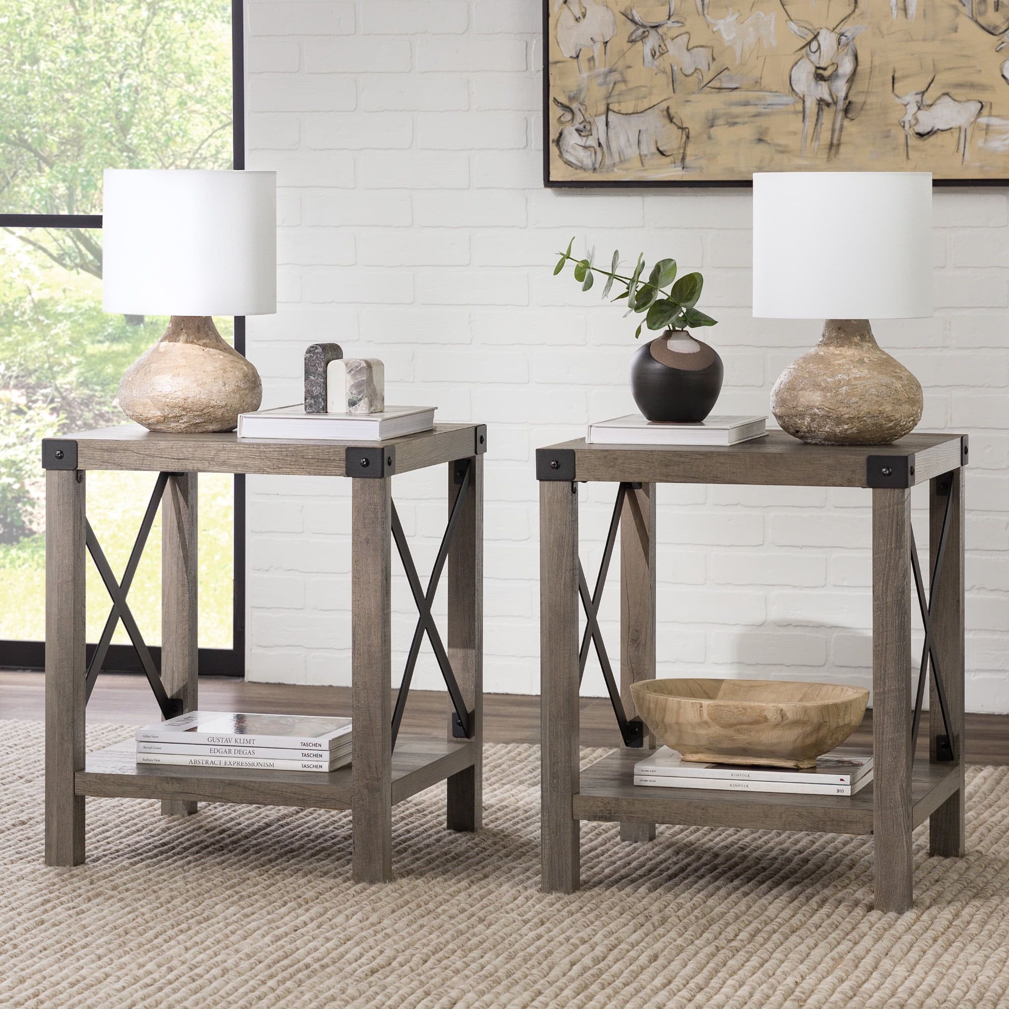 Woven Paths Magnolia Metal X Set Of 2 End Tables, Grey Wash – Walmart In Rustic Gray End Tables (View 6 of 15)