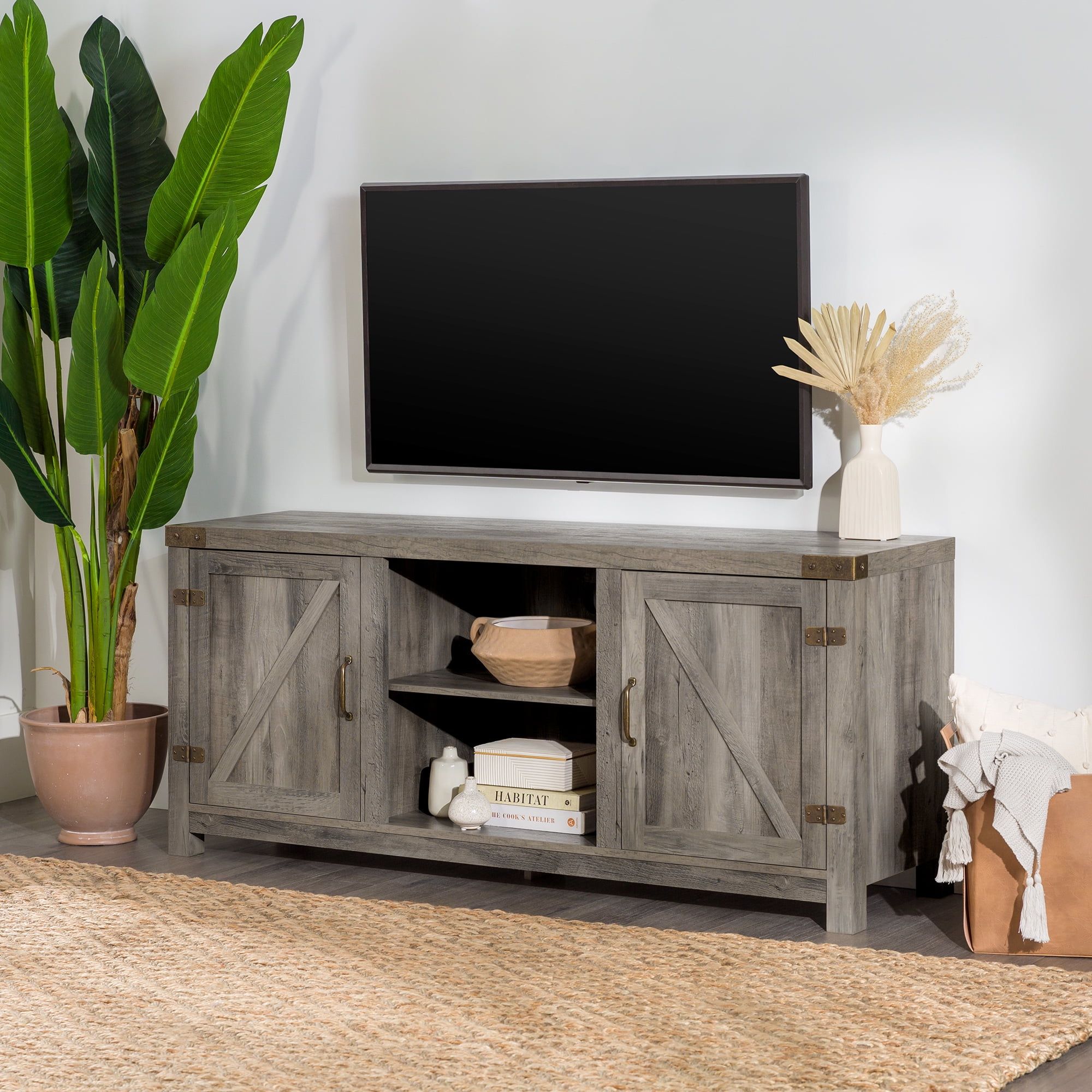 Woven Paths Modern Farmhouse Barn Door Tv Stand For Tvs Up To 65", Grey  Wash – Walmart Regarding Farmhouse Stands For Tvs (Photo 3 of 15)