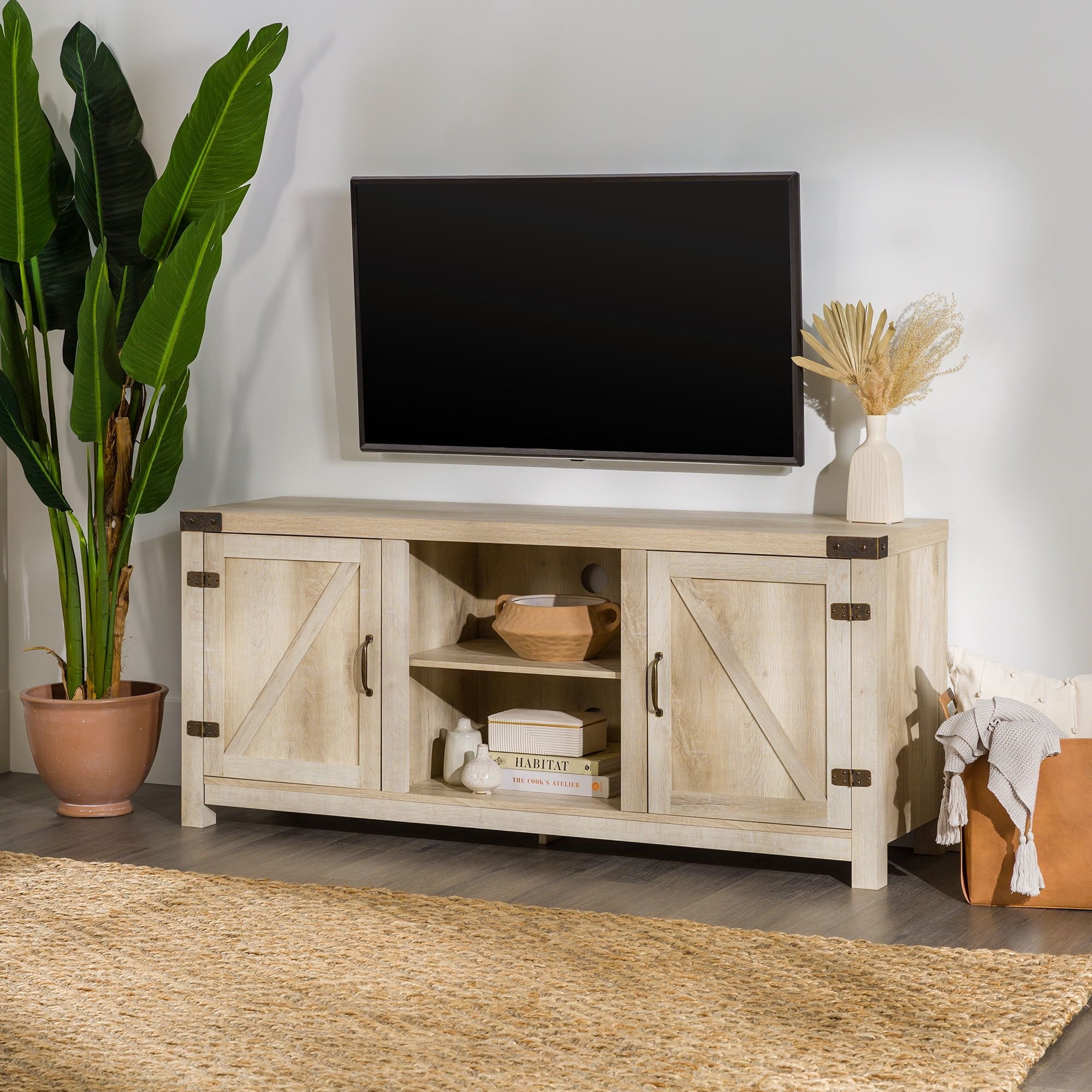Woven Paths Modern Farmhouse Barn Door Tv Stand For Tvs Up To 65", White  Oak – Walmart For Modern Farmhouse Barn Tv Stands (View 3 of 15)