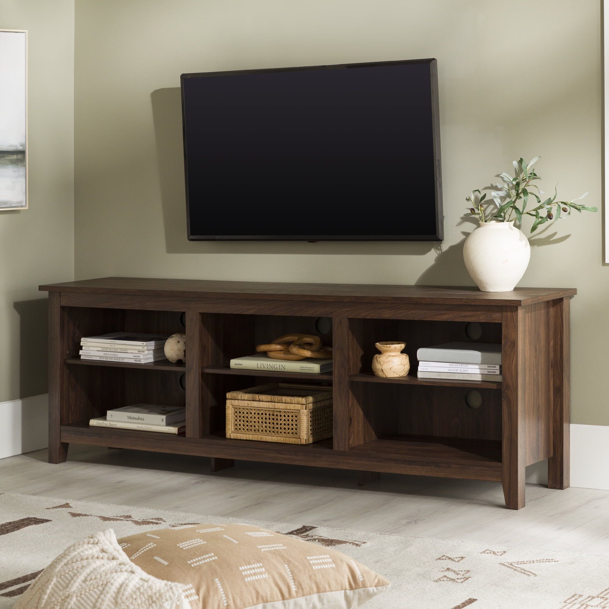Woven Paths Open Storage Tv Stand For Tvs Up To 80", Dark Walnut –  Walmart Pertaining To Walnut Entertainment Centers (View 15 of 15)
