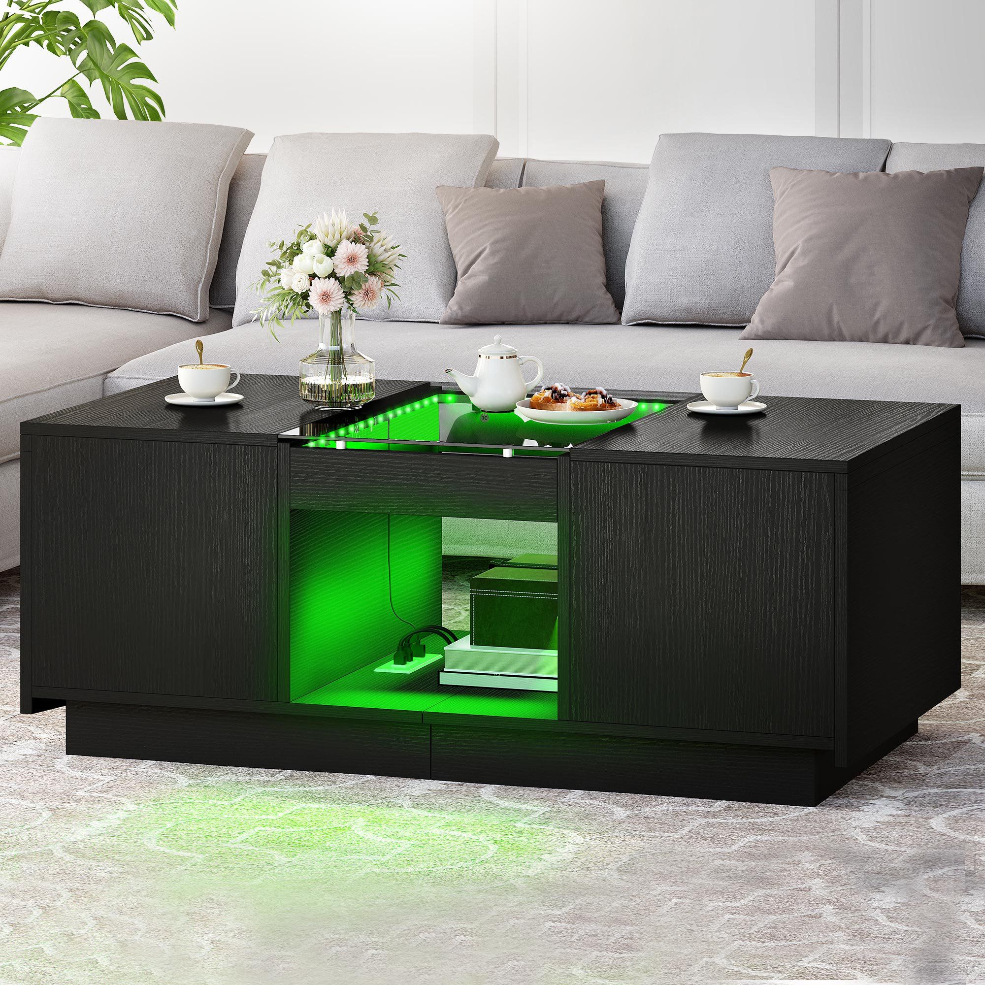 Wrought Studio Devaugh 39" Rectangular Two Side Drawers Coffee Table With  Led Light And Charging Plug | Wayfair For Rectangular Led Coffee Tables (Photo 7 of 15)