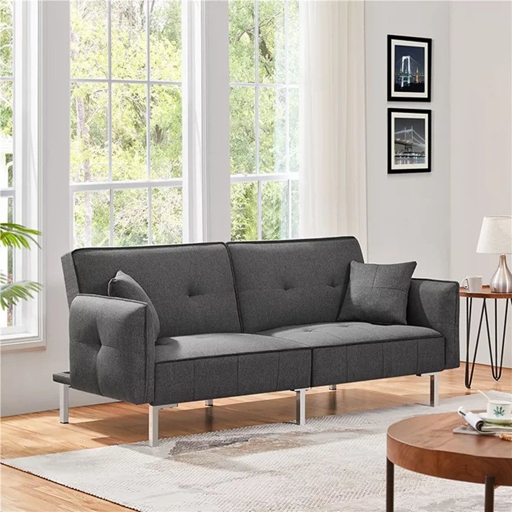 Wrought Studio™ Fabric Covered Futon Sofa Bed With Adjustable Backrest,  Dark Gray | Wayfair Regarding Adjustable Backrest Futon Sofa Beds (Photo 12 of 15)