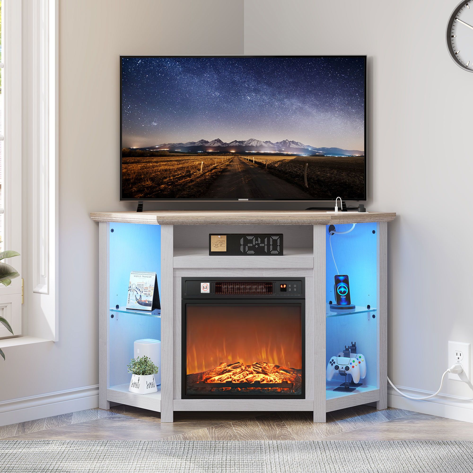 Wrought Studio Gladston Led Corner Tv Stand With Power Outlet For Living  Room With Electric Fireplace Included | Wayfair Inside Led Tv Stands With Outlet (Photo 11 of 15)