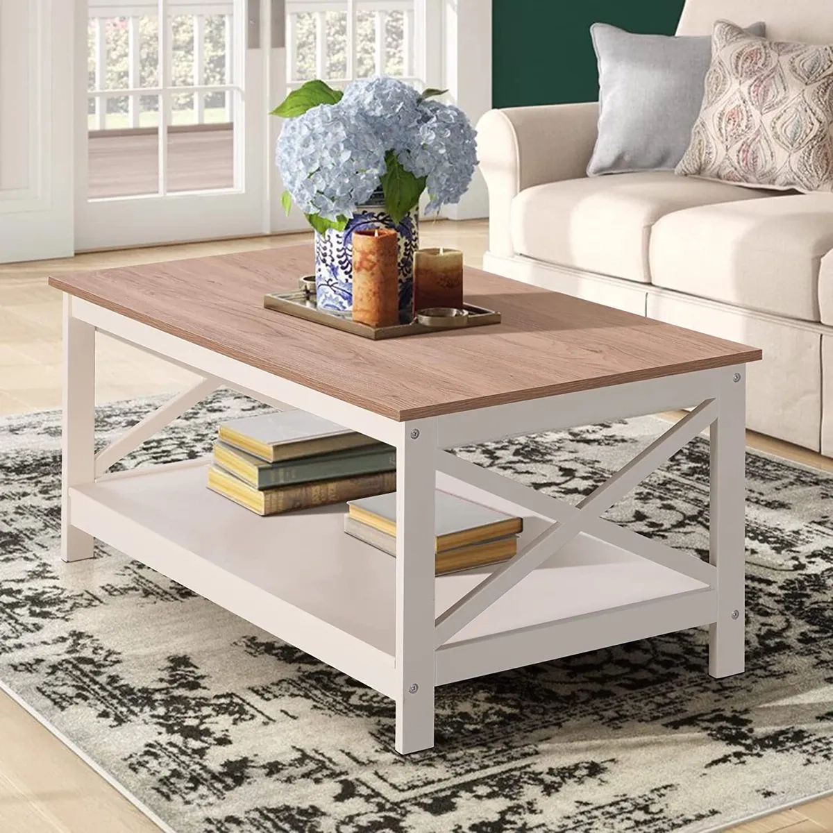 X Shape Design Coffee Table Modern Rustic Coffee Table W/ Storage Shelf 2  Tiers | Ebay Intended For Modern Wooden X Design Coffee Tables (View 4 of 15)