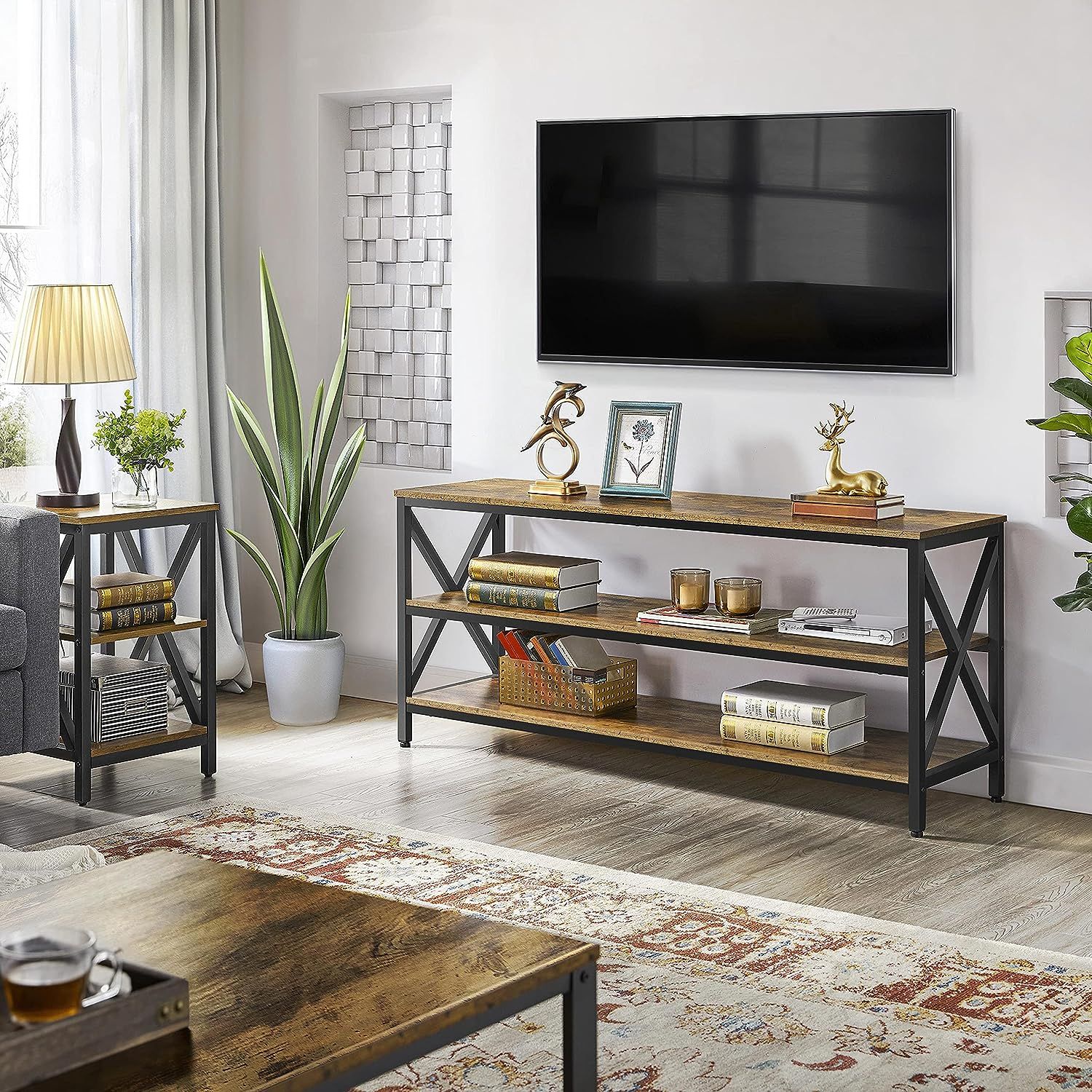 Yaheetech Industrial Tv Stand For Tv Up To 65 Inch, 55" Tv Cabinet With 3  Tier Storage Shelves For Living Room, Entertainment Center Tv Console Table  With Metal Frame, Rustic Brown | Bigbigmart With Regard To Tier Stand Console Cabinets (View 11 of 15)