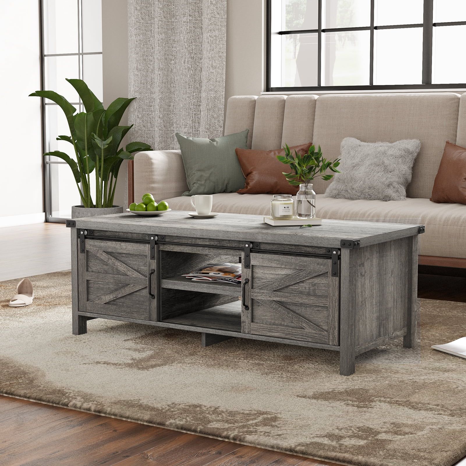 Yaoping 48" Modern Farmhouse Coffee Table With Adjustable Storage Cabinets  Shelves, Modern Coffee Table For Living Room With Sliding Barn Door –  Walmart Intended For Coffee Tables With Sliding Barn Doors (Photo 7 of 15)
