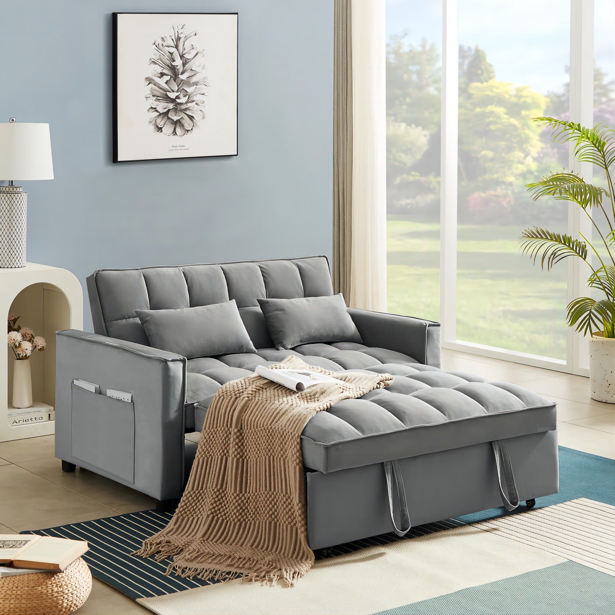 Zechuan Convertible Sofa Bed With Pull Out Bed – 55" Tufted Velvet Loveseat  Sleeper Sofa – Gray – Walmart Inside Convertible Gray Loveseat Sleepers (Photo 6 of 15)