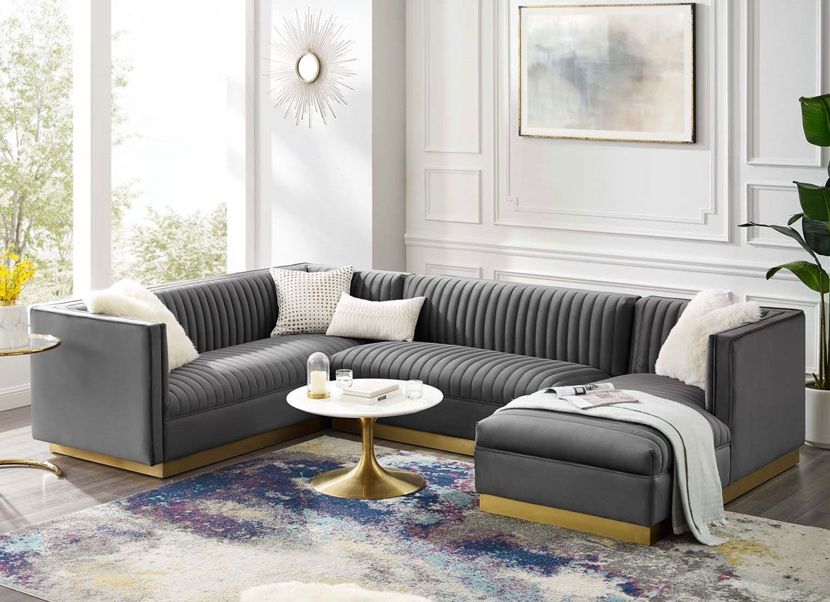 Zenfira Gray Velvet U Shape Sectional With Regard To Modern U Shape Sectional Sofas In Gray (View 10 of 15)