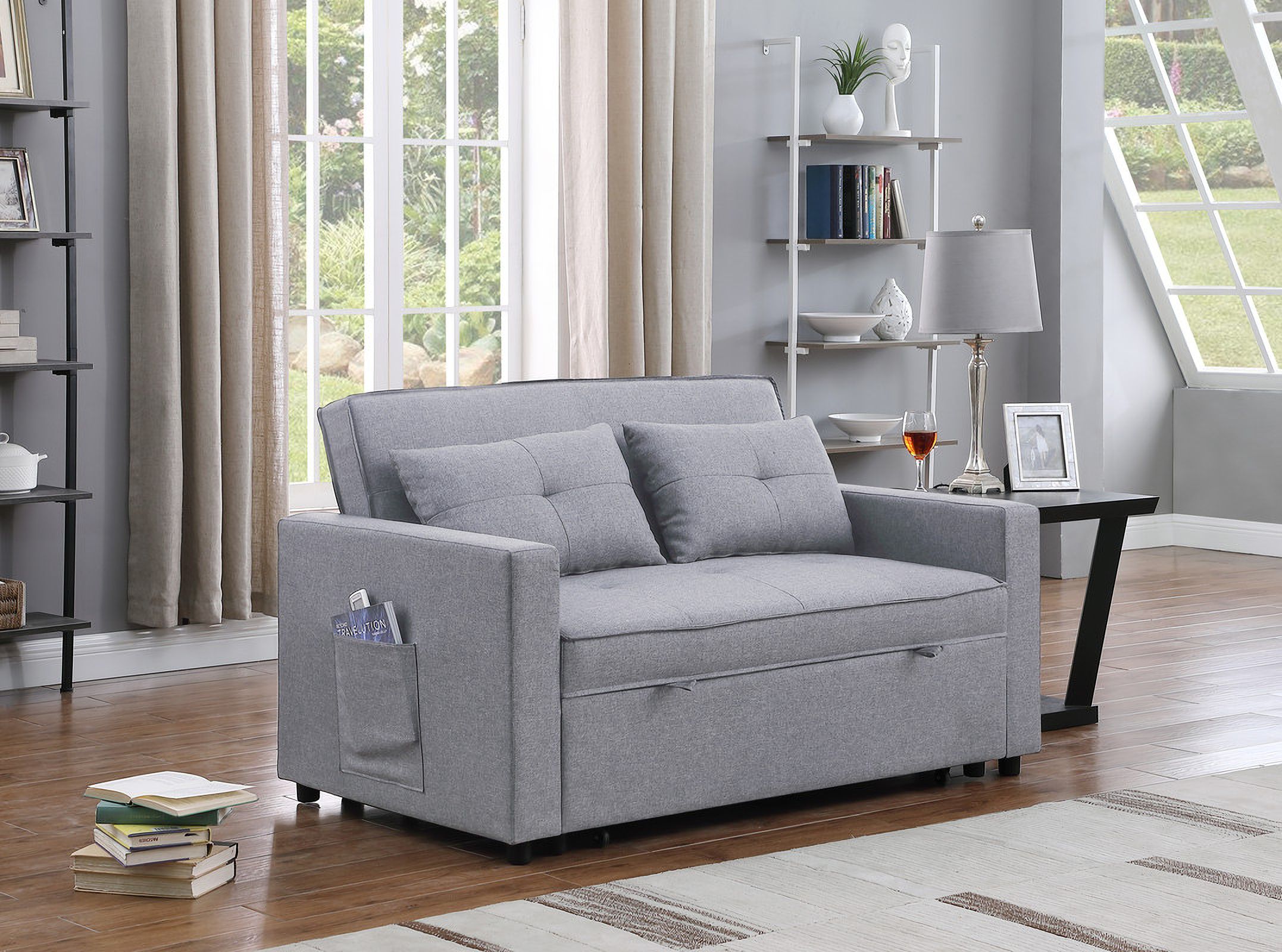 Zoey Light Gray Linen Convertible Sleeper Loveseat With Side Pocket Lilola Home | 1Stopbedrooms Pertaining To Convertible Light Gray Chair Beds (Photo 4 of 15)