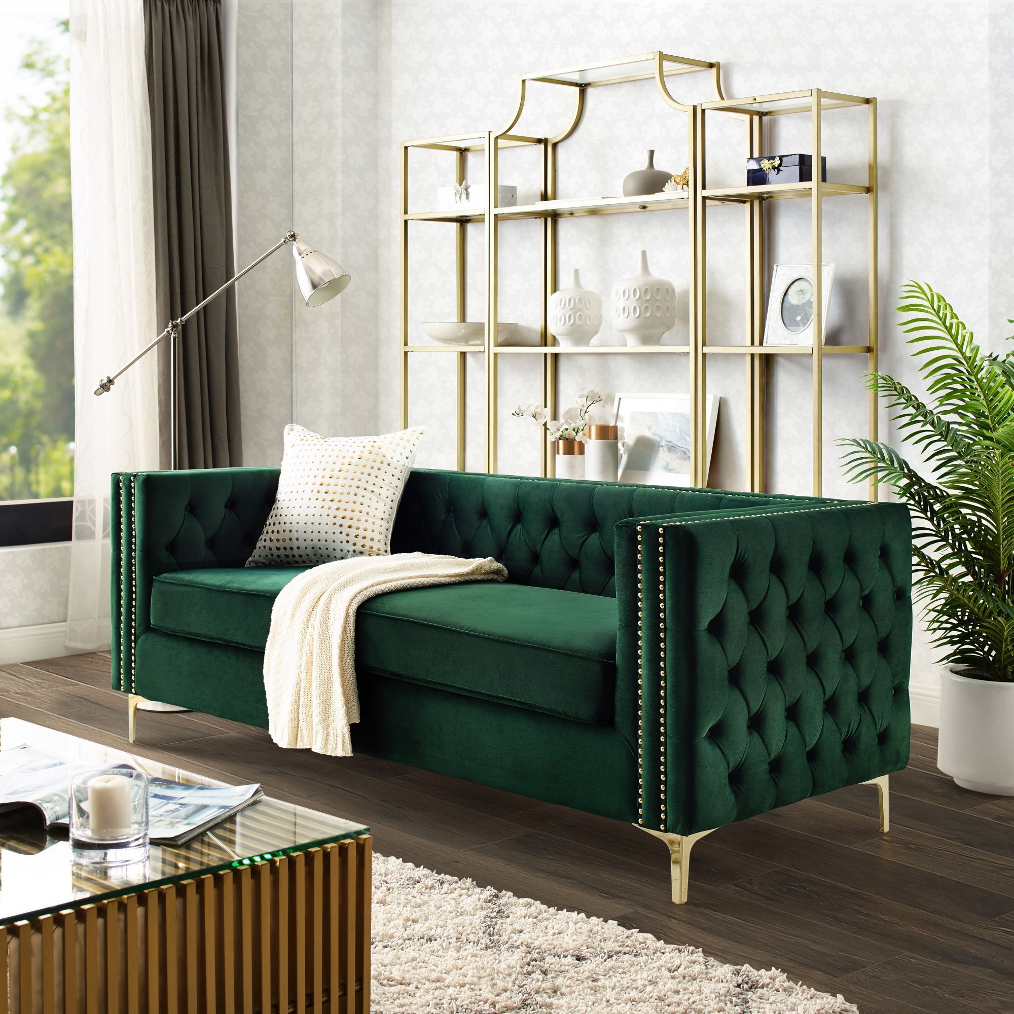 Inspired Home Sania Velvet Sofa  3 Seat Nailhead Trim Gold Legs With 75&quot; Green Velvet Sofas (View 9 of 15)
