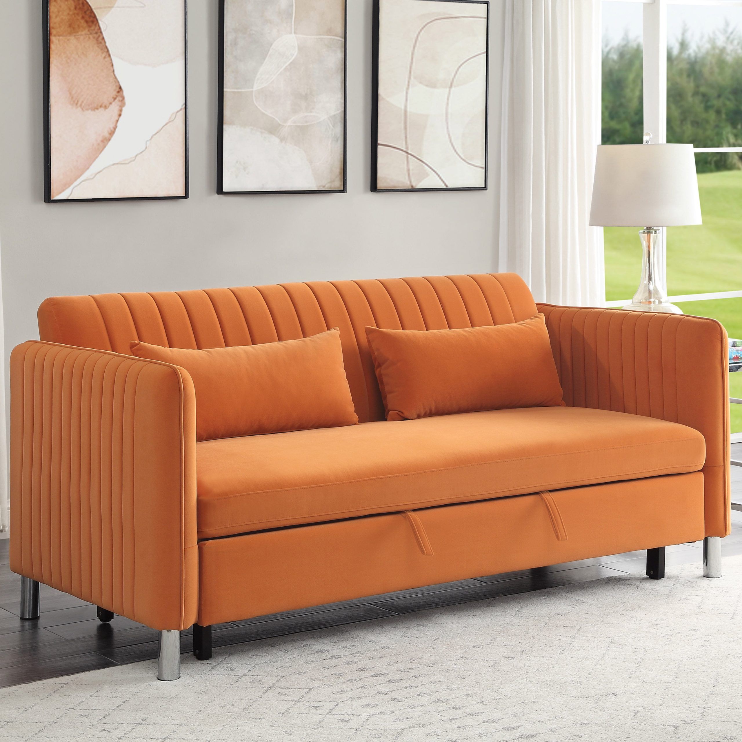 Lexiconhome Greenway Velvet Convertible Sofa Bed, Orange – Walmart In 66&quot; Convertible Velvet Sofa Beds (Photo 5 of 15)