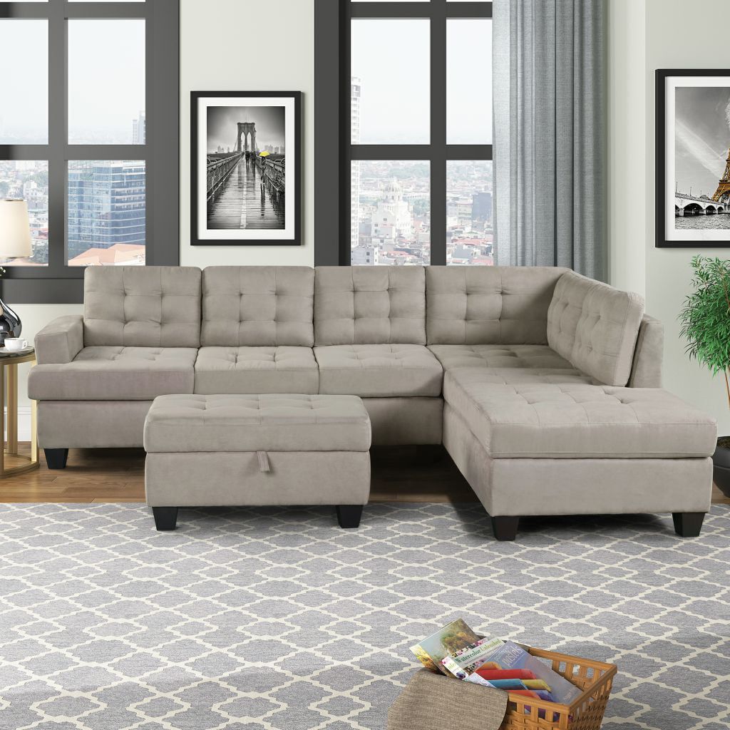 Modern 3 Piece Sectional Sofa With Chaise Lounge And Storage Ottoman, L Within 104" Sectional Sofas (Photo 8 of 15)