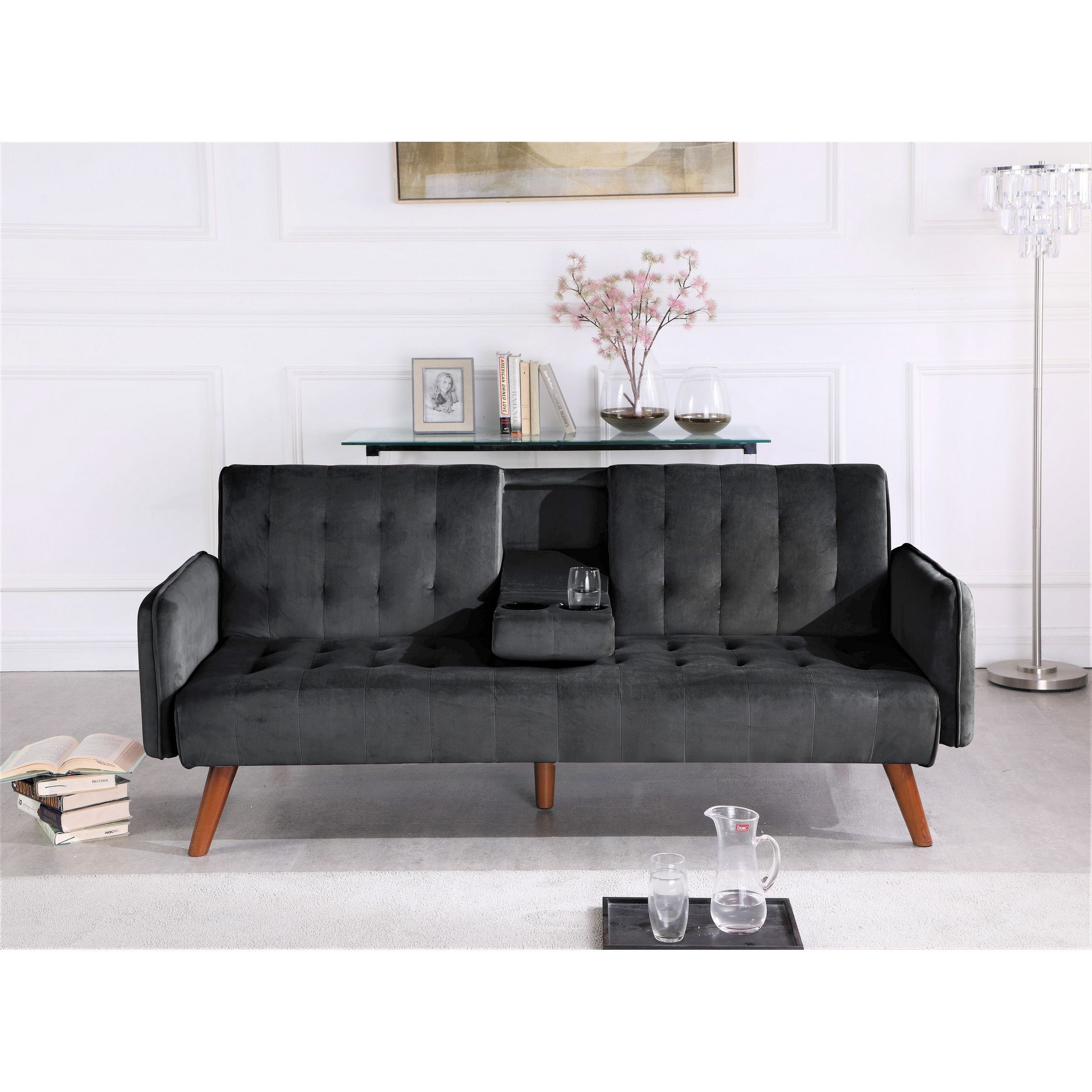 Us Pride Tufted Convertible Velvet Sofa Bed With Cup Holder – Overstock With 66&quot; Convertible Velvet Sofa Beds (View 10 of 15)