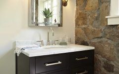 Bathroom With Stone Accent Wall and Contemporary Wood Vanity