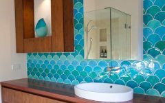 Coastal Themed Bathroom With Blue Tile Bath Vanity