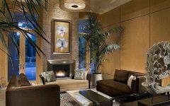 Modern Luxe Brown Velvet Sofas in Asian Inspired Modern Living Room