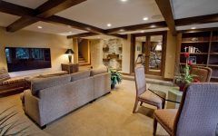 Basement Living Area With Craftsman Exposed Ceiling Beams